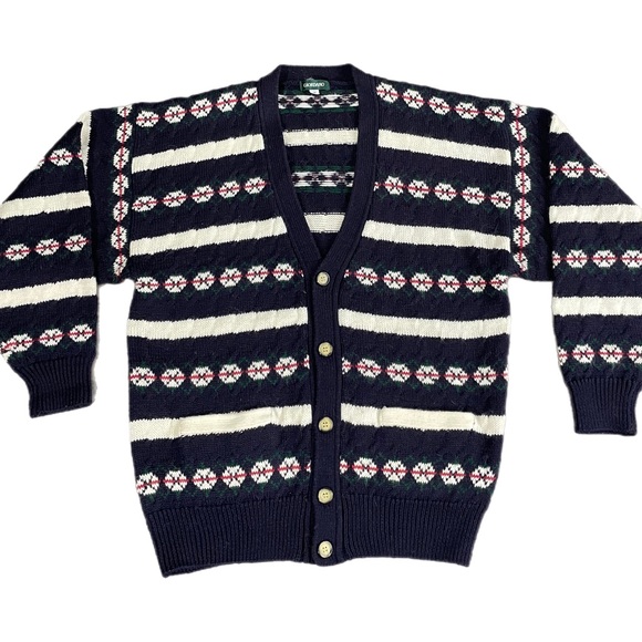 VTG Men’s Wool Navy Blue‎ Fair Isle Christmas Grandpa Cardigan Sweater M - Picture 1 of 9